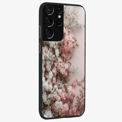 Blush Blossom Cloud Glass Case upright view showcasing calm floral cloud artwork with gentle dreamy theme.