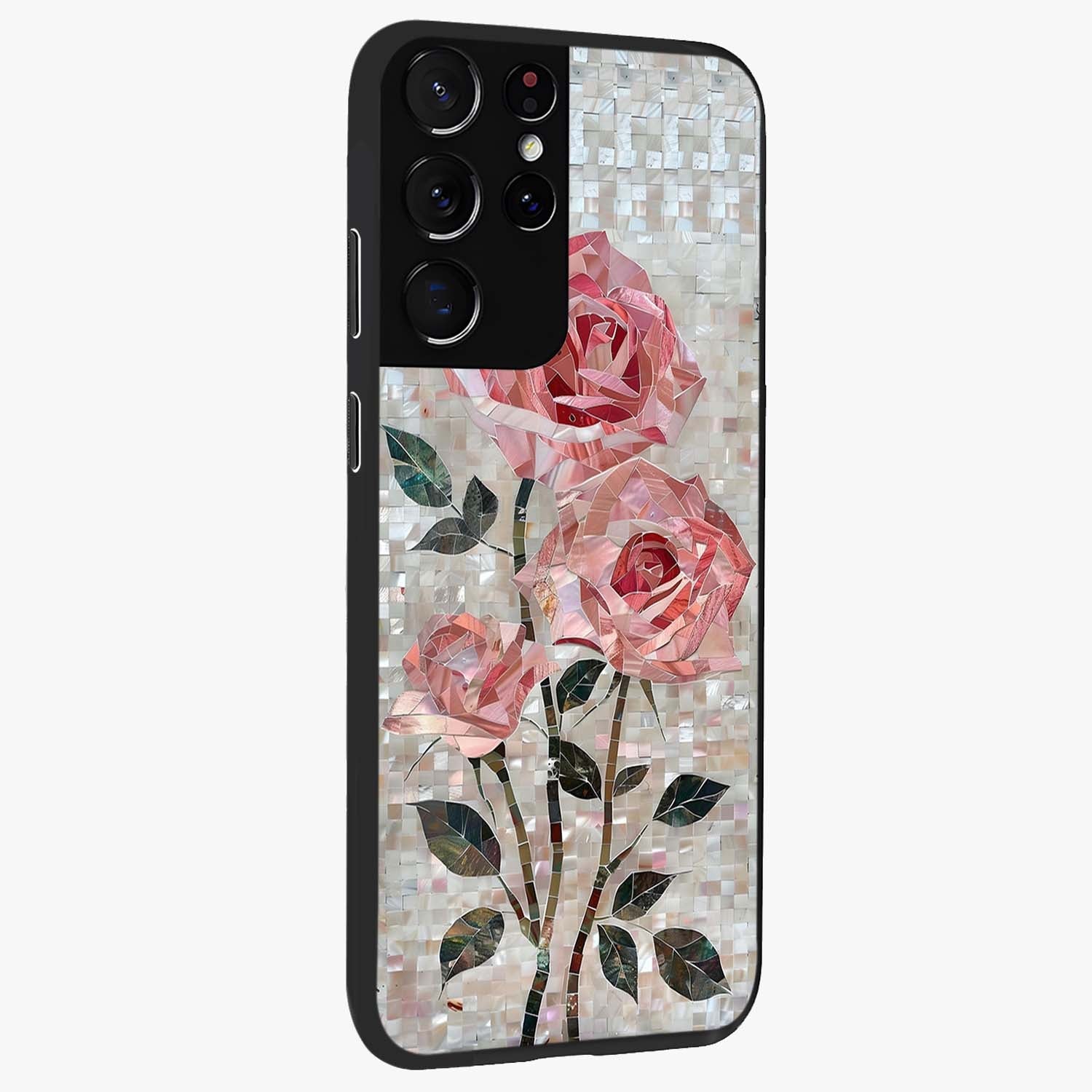 Blush Mosaic Bloom Glass Case upright view showcasing decorative floral mosaic artwork with stylish modern aesthetic.