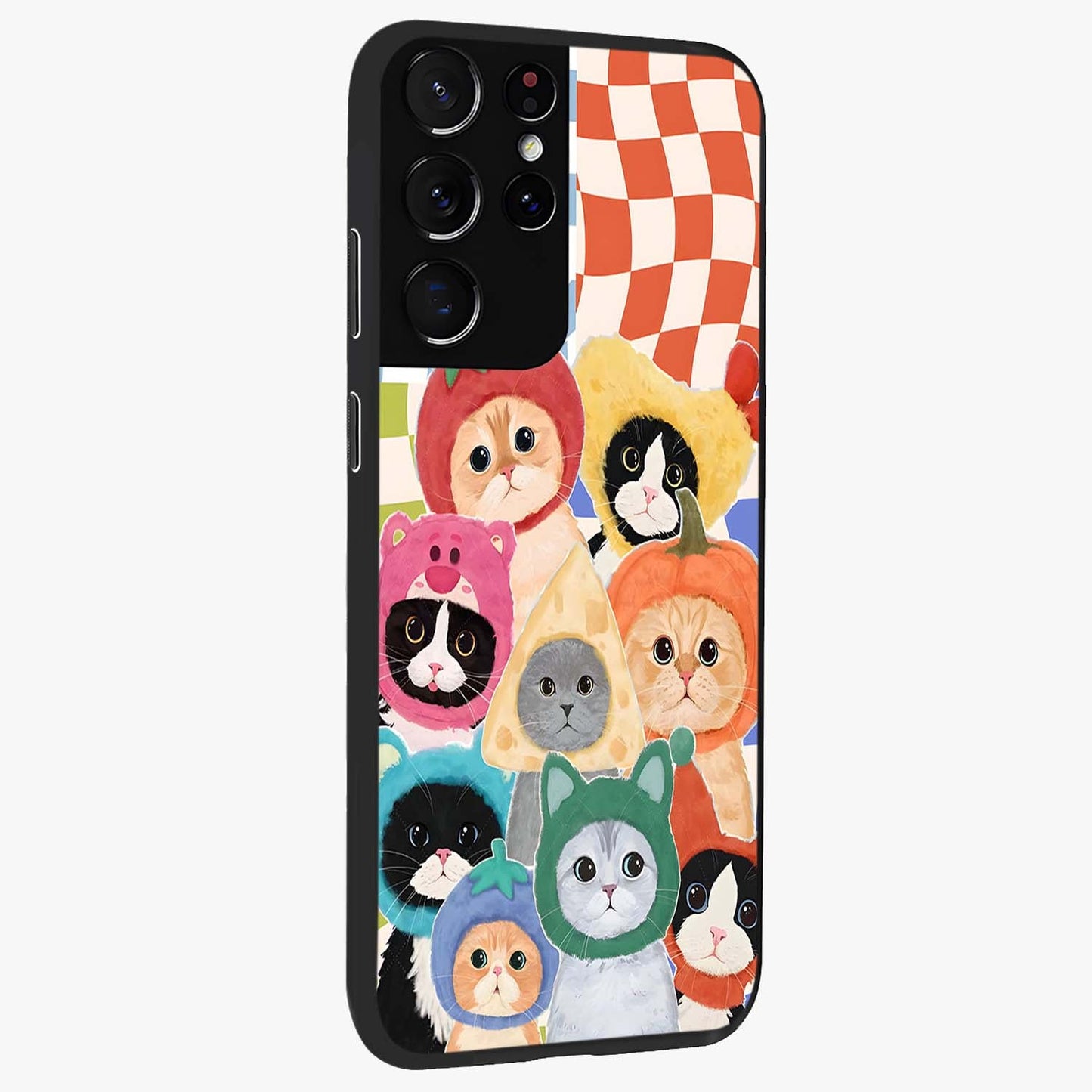Cats in Fruits Glass Case upright view showcasing charming cat artwork with fun fruity theme.