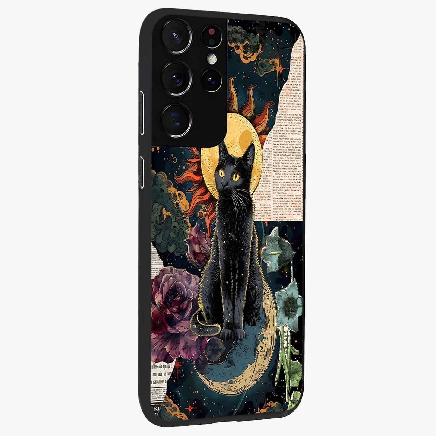 Celestial Black Cat Glass Case upright view showcasing magical black cat illustration with starry cosmic theme.