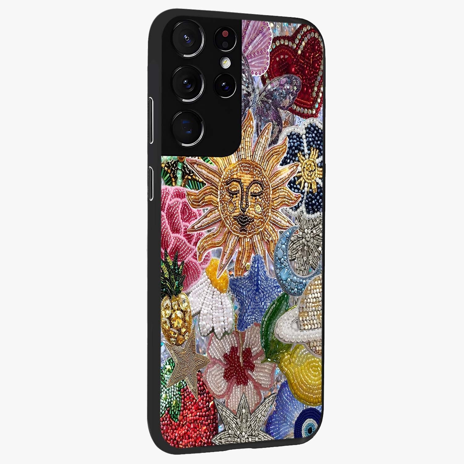 Celestial Floral and Playful Glass Case upright view showcasing whimsical floral artwork with cosmic aesthetic theme.