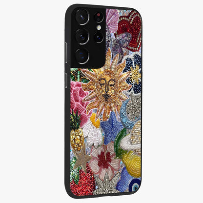 Celestial Floral and Playful Glass Case upright view showcasing whimsical floral artwork with cosmic aesthetic theme.