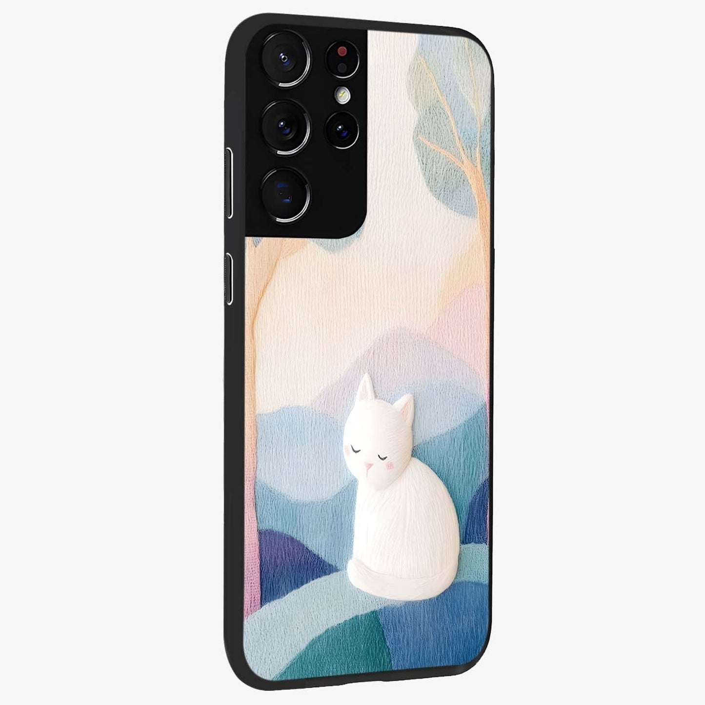 Cotton Dream Cat Glass Case upright view showcasing charming cat artwork with cozy dreamy theme.