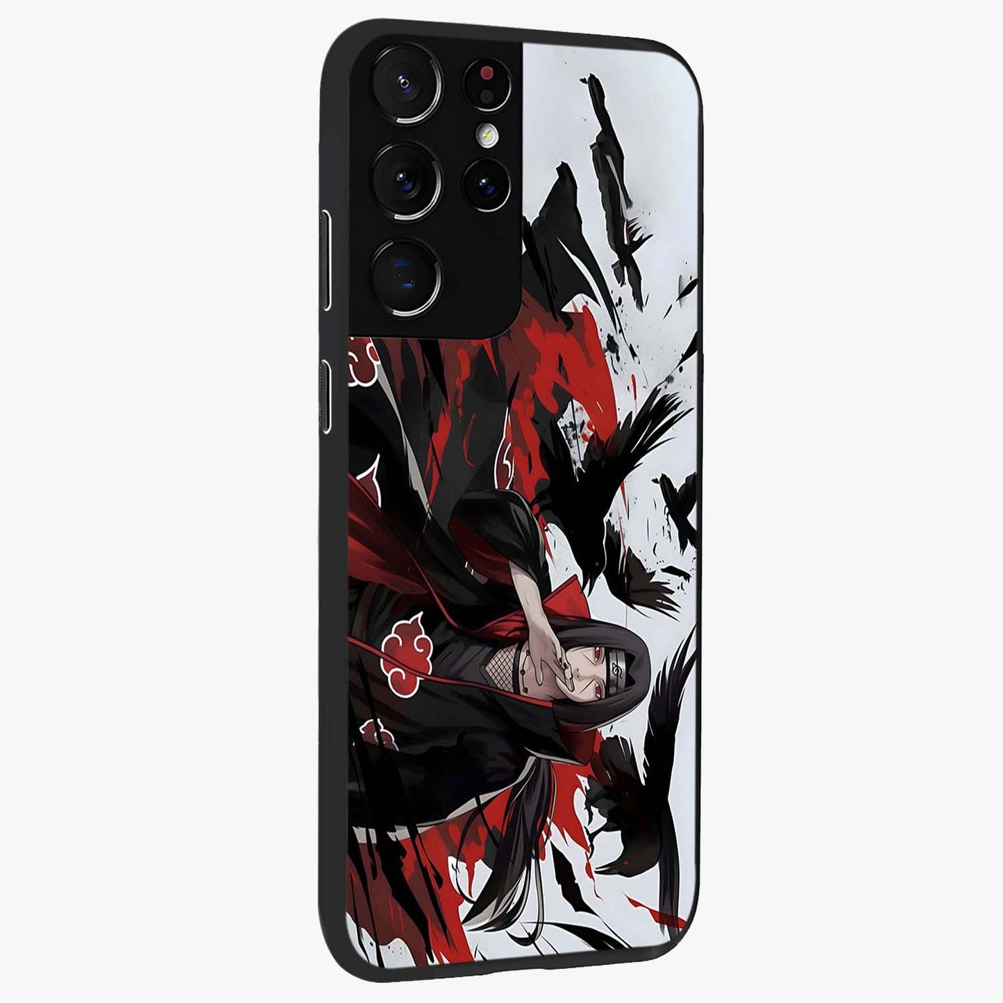 Crimson Crow Illusion Glass Case upright view showcasing striking crow illusion artwork with intense crimson theme.