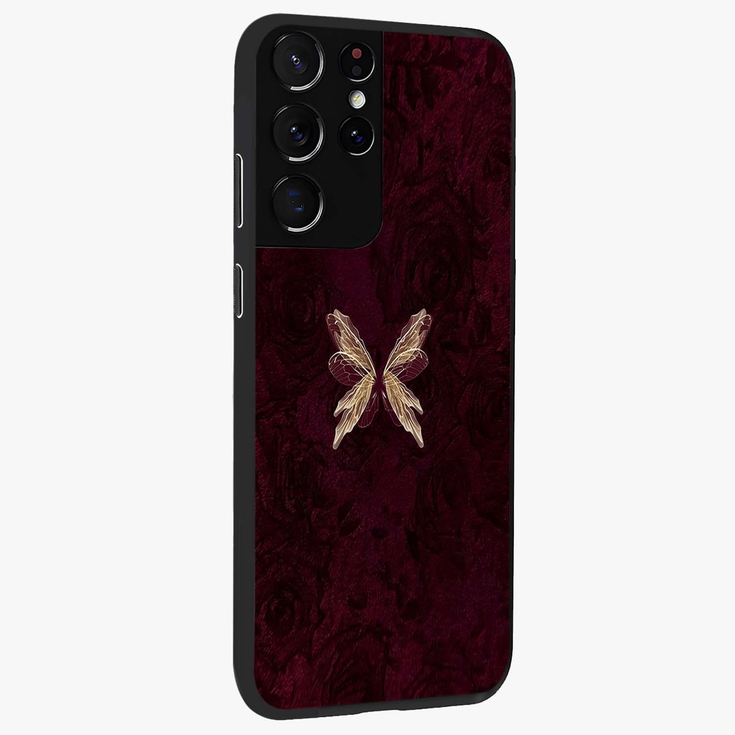 Crimson Fade Butterfly Glass Case upright view showcasing graceful butterfly artwork with soft crimson fade effect.