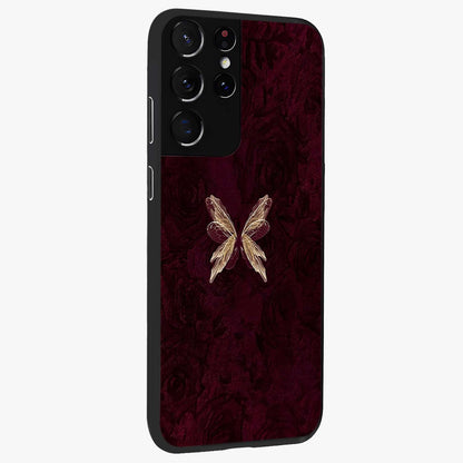 Crimson Fade Butterfly Glass Case upright view showcasing graceful butterfly artwork with soft crimson fade effect.
