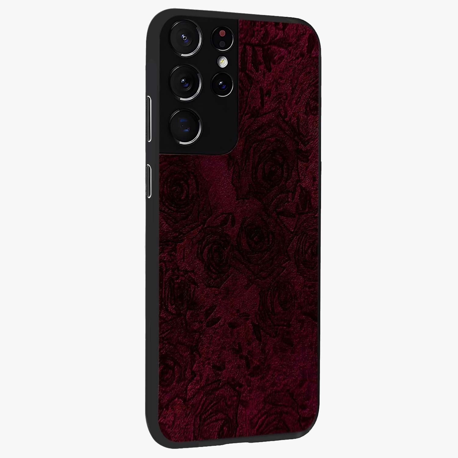 Crimson Fade Flow Glass Case upright view showcasing dynamic crimson flow artwork with stylish abstract theme.