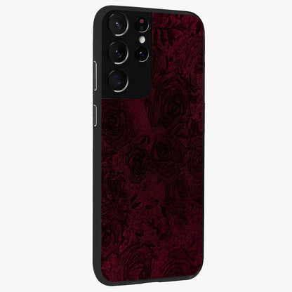 Crimson Fade Flow Glass Case upright view showcasing dynamic crimson flow artwork with stylish abstract theme.