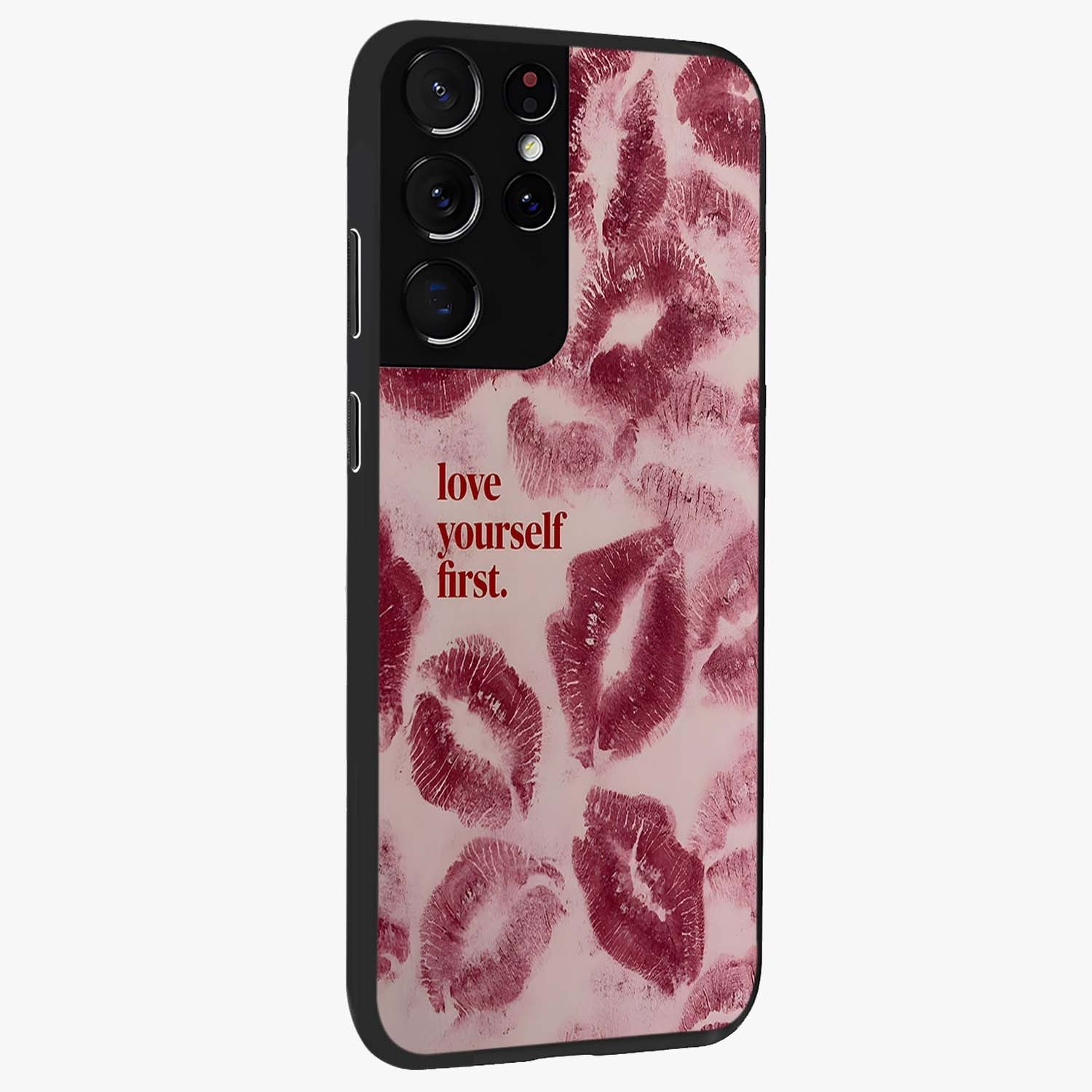 Crimson Kiss Love Glass Case upright view showcasing expressive romantic artwork with deep crimson theme.