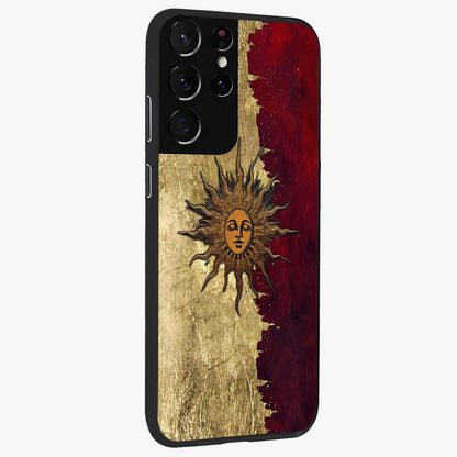 Crimson Sun Majesty Glass Case upright view showcasing vibrant sun artwork with powerful celestial theme.