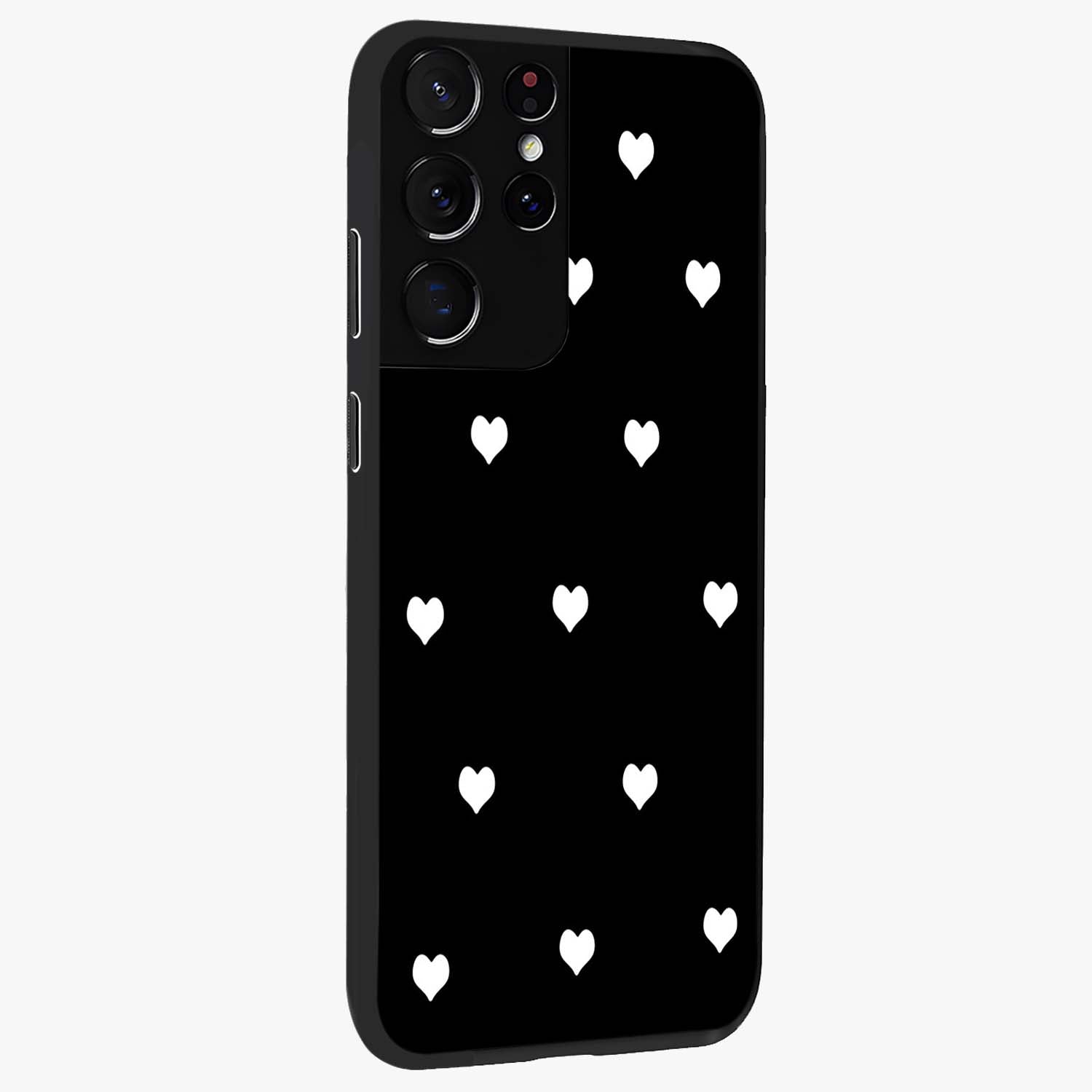 Cute And Simple White Hearts Glass Case upright view showcasing simple white hearts artwork with soft minimal theme.