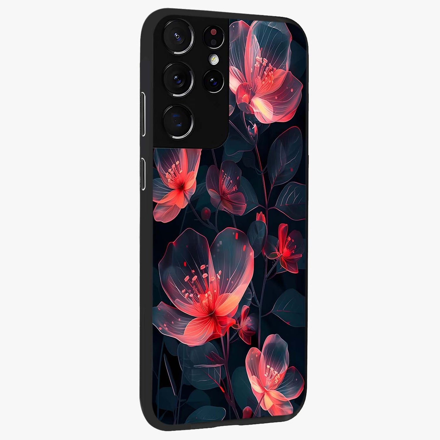 Dark Shade of Flower Glass Case upright view showcasing delicate flower artwork with rich dark floral theme.