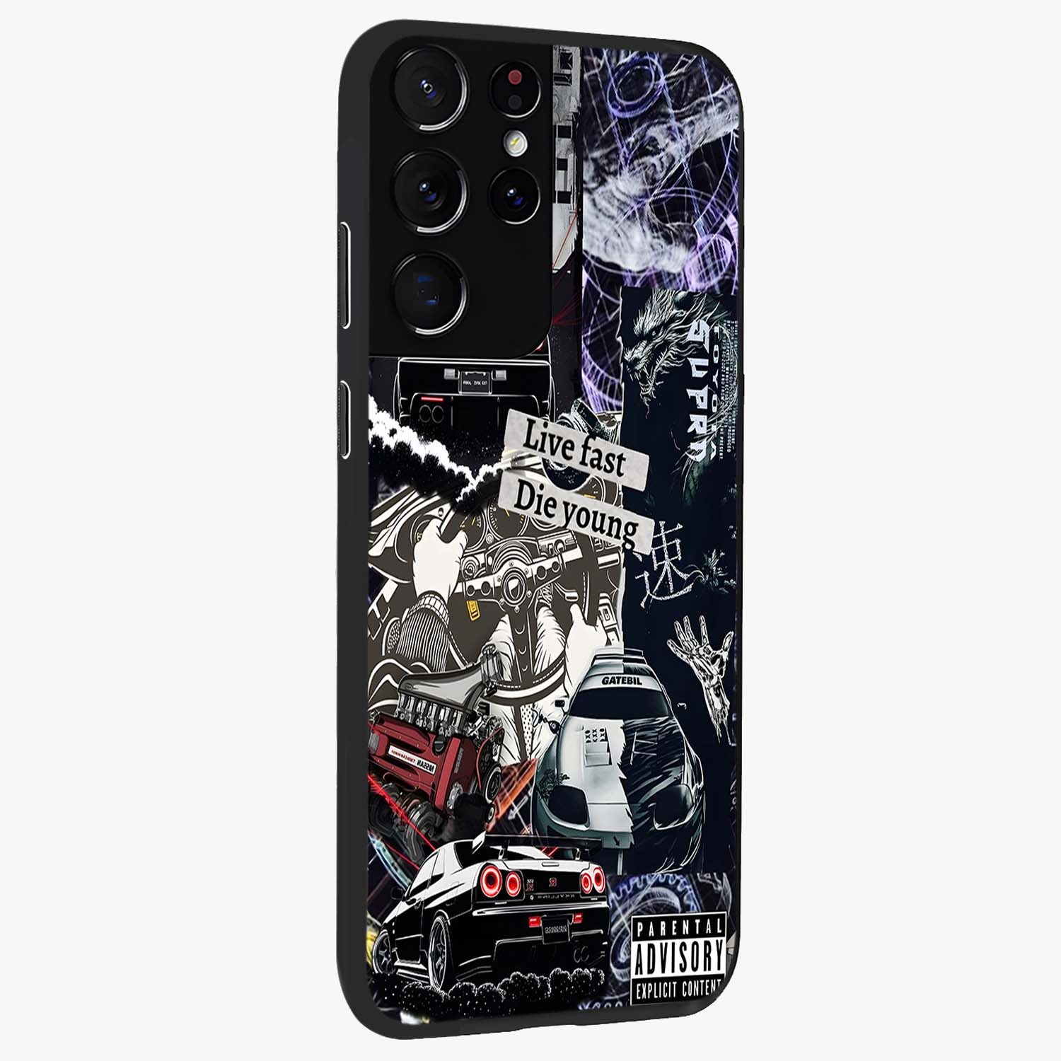 Die Young Glass Case upright view showcasing striking typography artwork with modern statement theme.