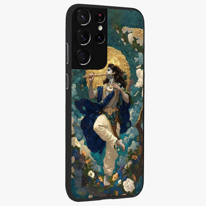 Divine Krishna Art Glass Case upright view showcasing divine Krishna artwork with sacred artistic theme.