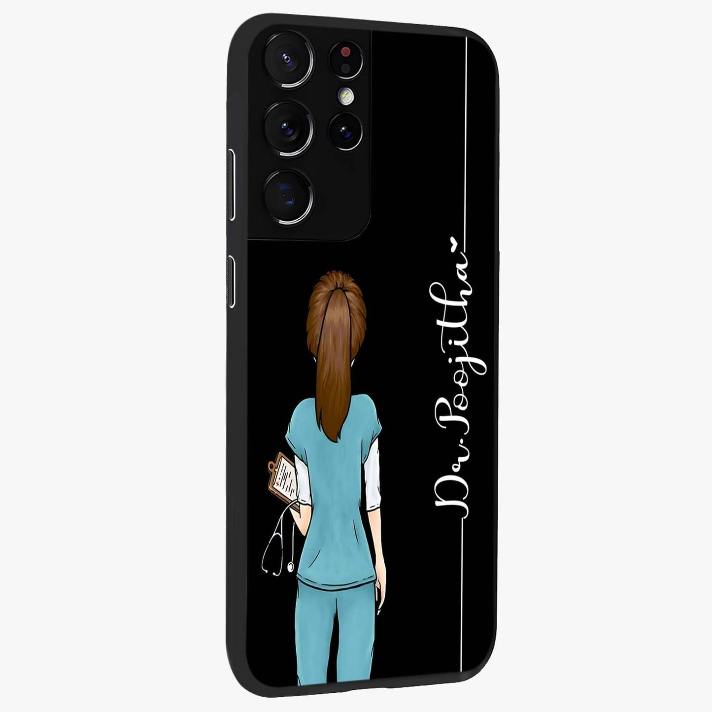 Doctor Pattern Custom Name Glass Case upright view showcasing healthcare themed design with personalized aesthetic.