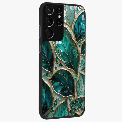 Emerald Leaf Glass Glass Case upright view showcasing fresh green leaf artwork with calming nature inspired style.
