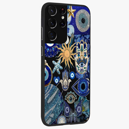Evil Eye Charm Mix Glass Case upright view showcasing mystical evil eye pattern with vibrant decorative style.