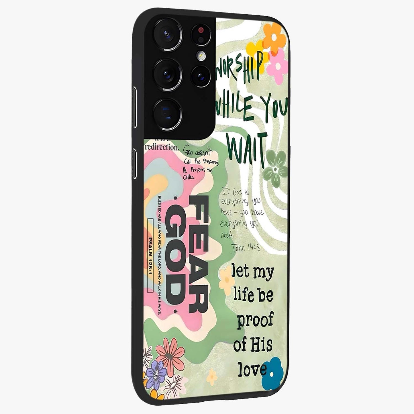 Faith Over Fear Glass Case upright view showcasing bold typography artwork with uplifting motivational theme.