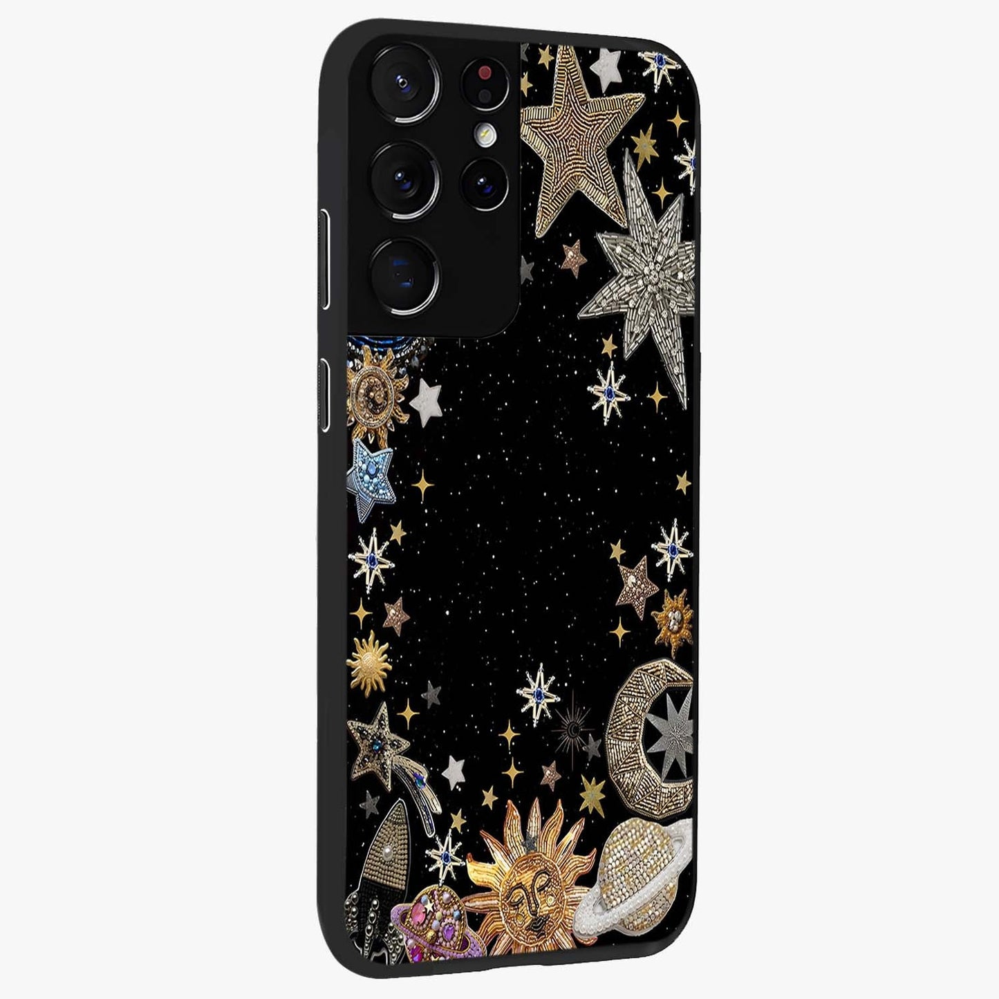 Galactic Jewel Stars Glass Case upright view showcasing glittering star jewel artwork with vibrant galaxy theme.