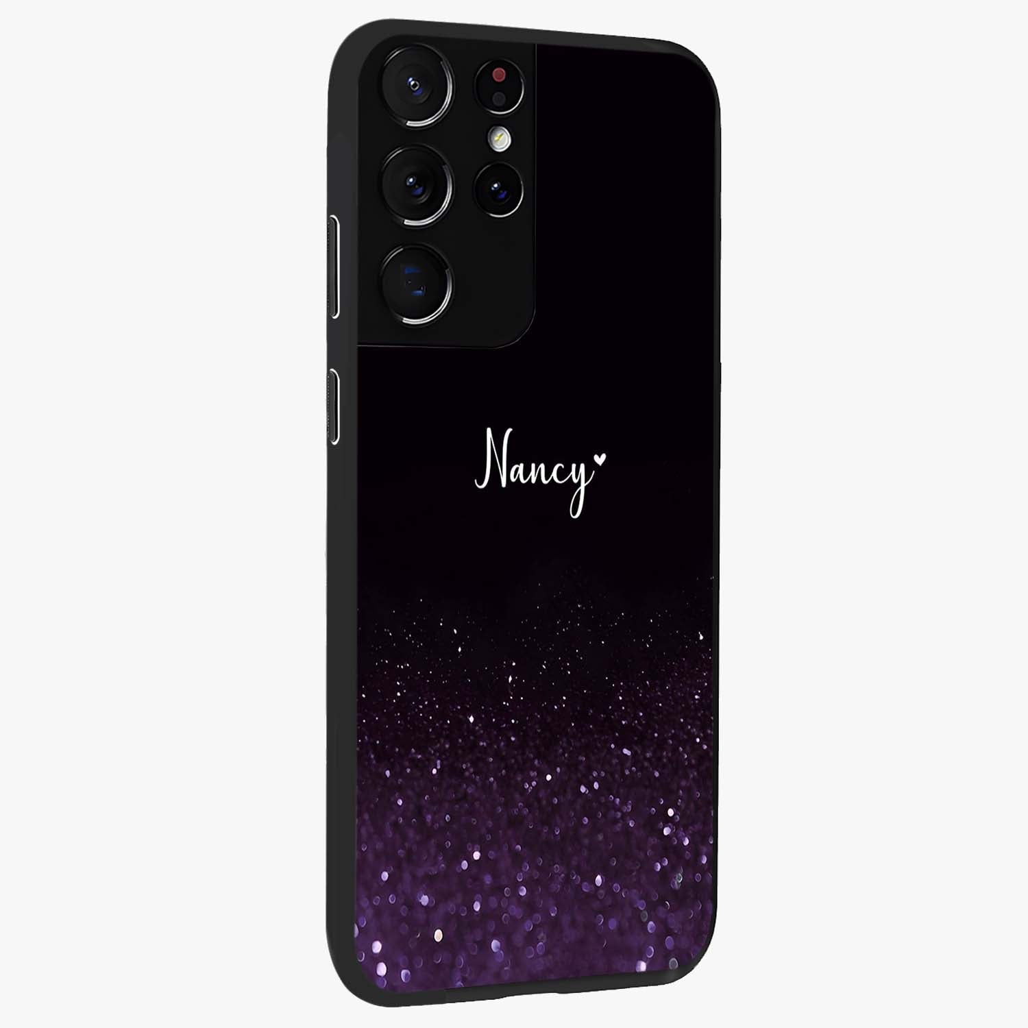 Glittery Purple Bokeh Custom Name Glass Case upright view showcasing vibrant purple sparkle artwork with personalized aesthetic style.