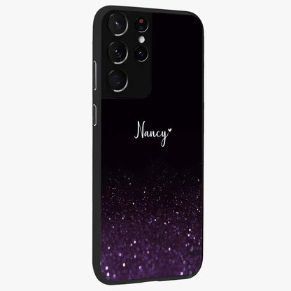 Glittery Purple Bokeh Custom Name Glass Case upright view showcasing vibrant purple sparkle artwork with personalized aesthetic style.