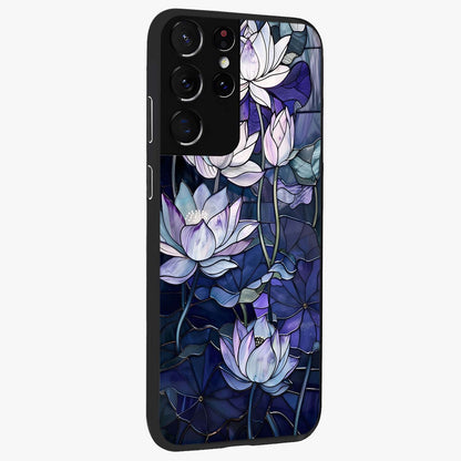 Gloss Petal Rush Glass Case upright view showcasing dynamic floral petal artwork with modern botanical theme.