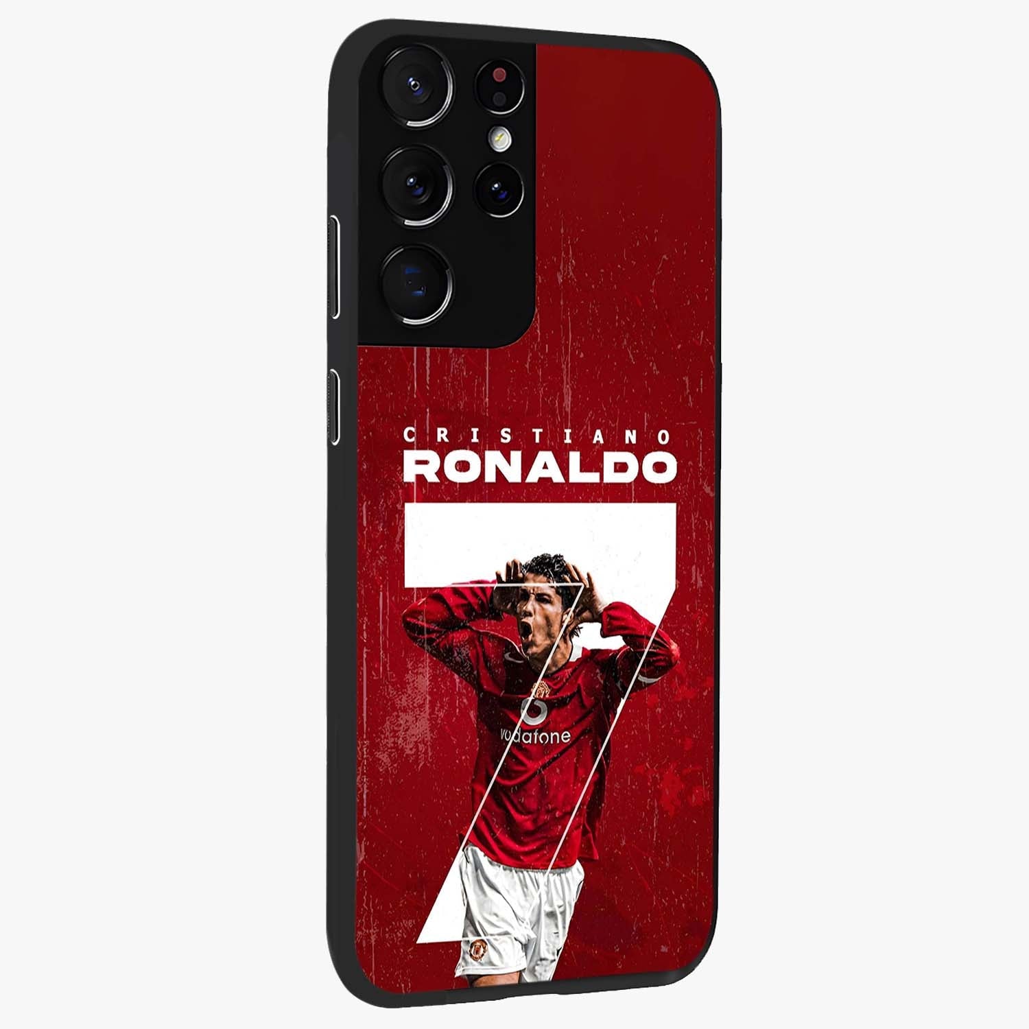 Goal Celebration Legacy Glass Case upright view showcasing dynamic football inspired artwork with victory celebration aesthetic.