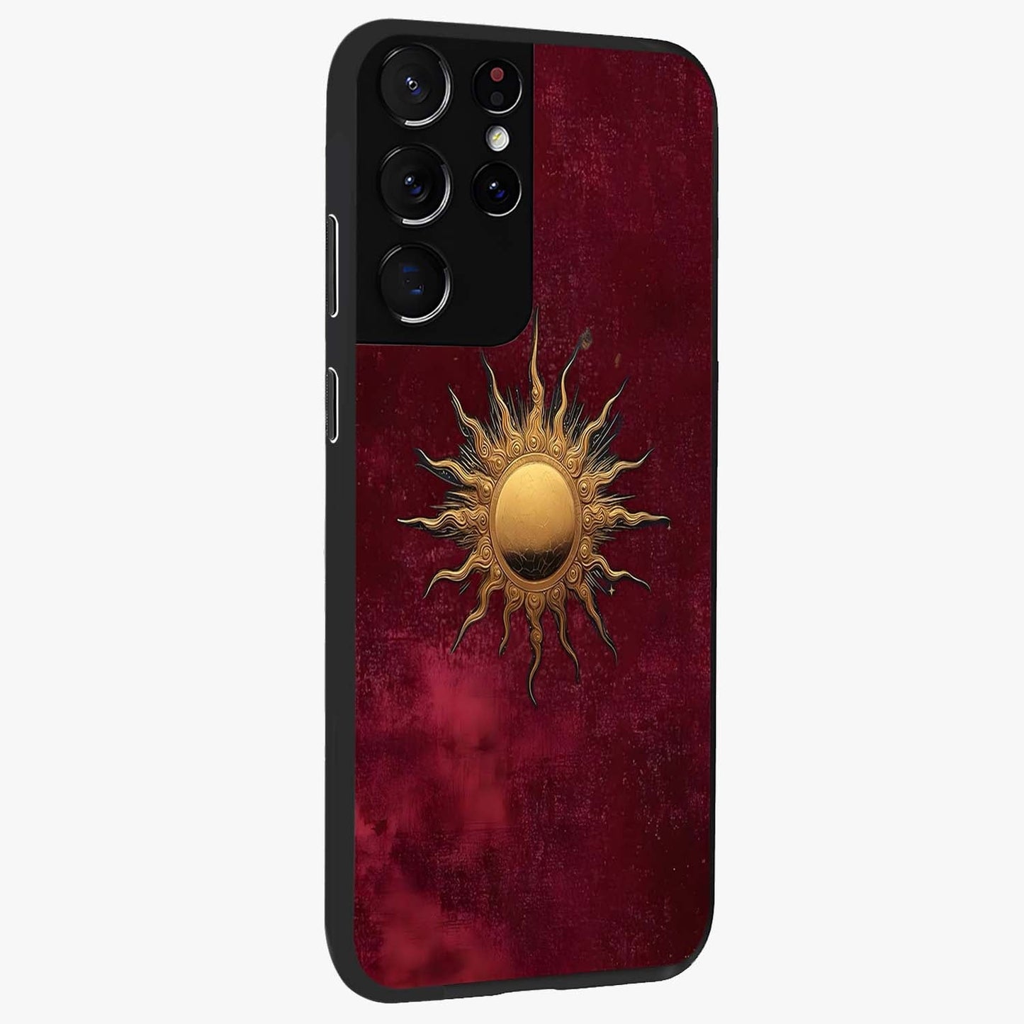 Golden Sun Minimalism Glass Case upright view showcasing simple golden sun artwork with elegant minimalist style.