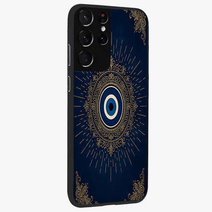 Golden Celestial Charm Glass Case upright view showcasing radiant celestial artwork with elegant golden theme.