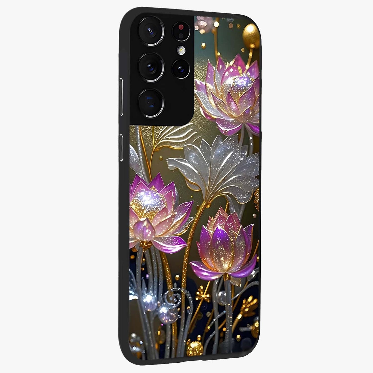 Golden Floral Majesty Glass Case upright view showcasing majestic floral artwork with rich decorative theme.