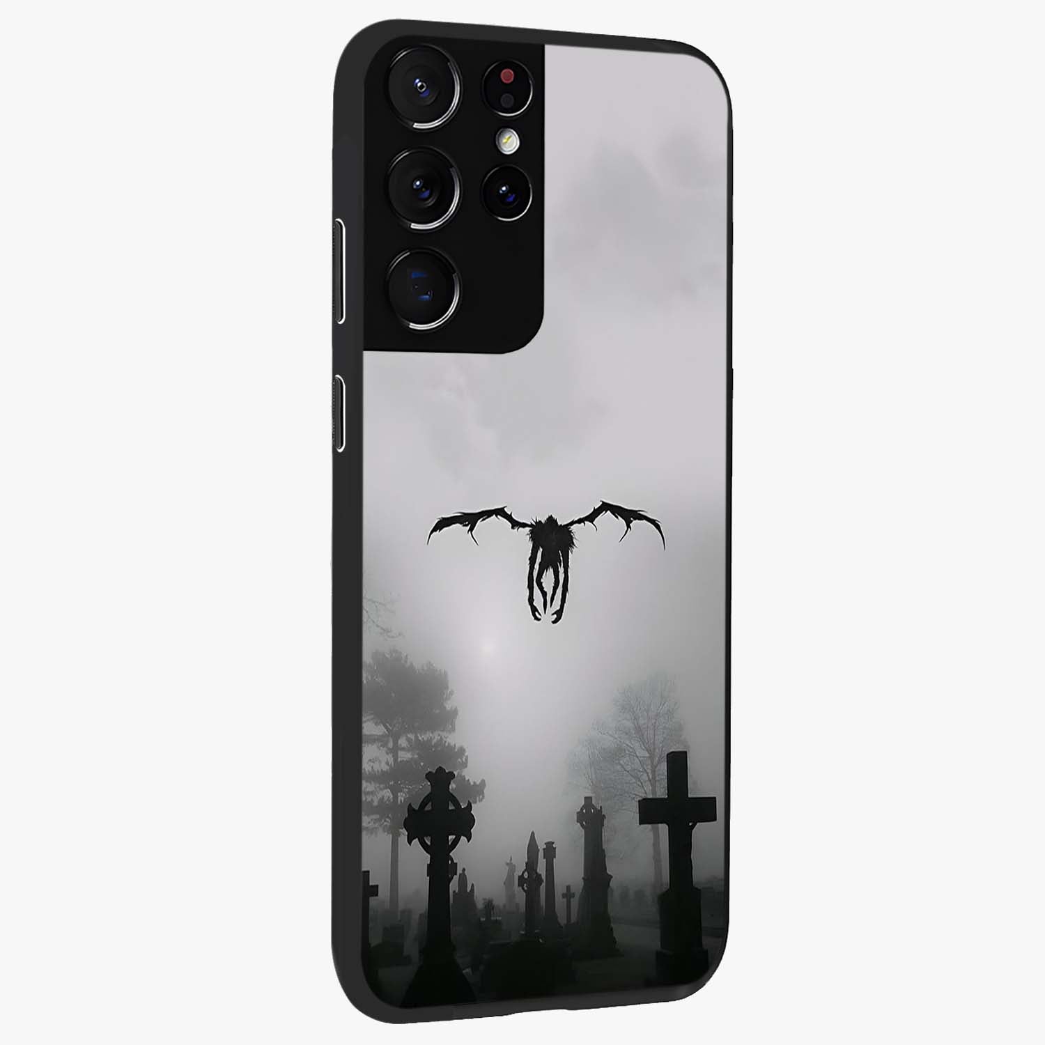 Graveyard Shadow Descent Glass Case upright view showcasing haunting graveyard artwork with dramatic dark theme.