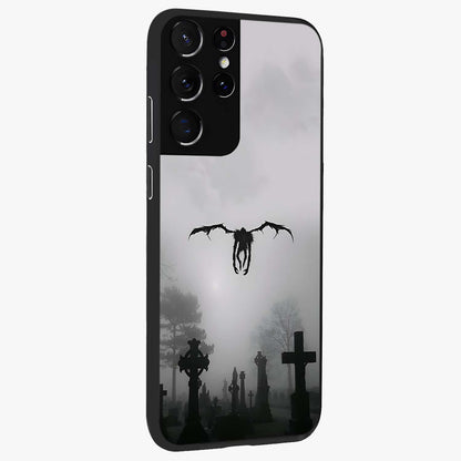 Graveyard Shadow Descent Glass Case upright view showcasing haunting graveyard artwork with dramatic dark theme.