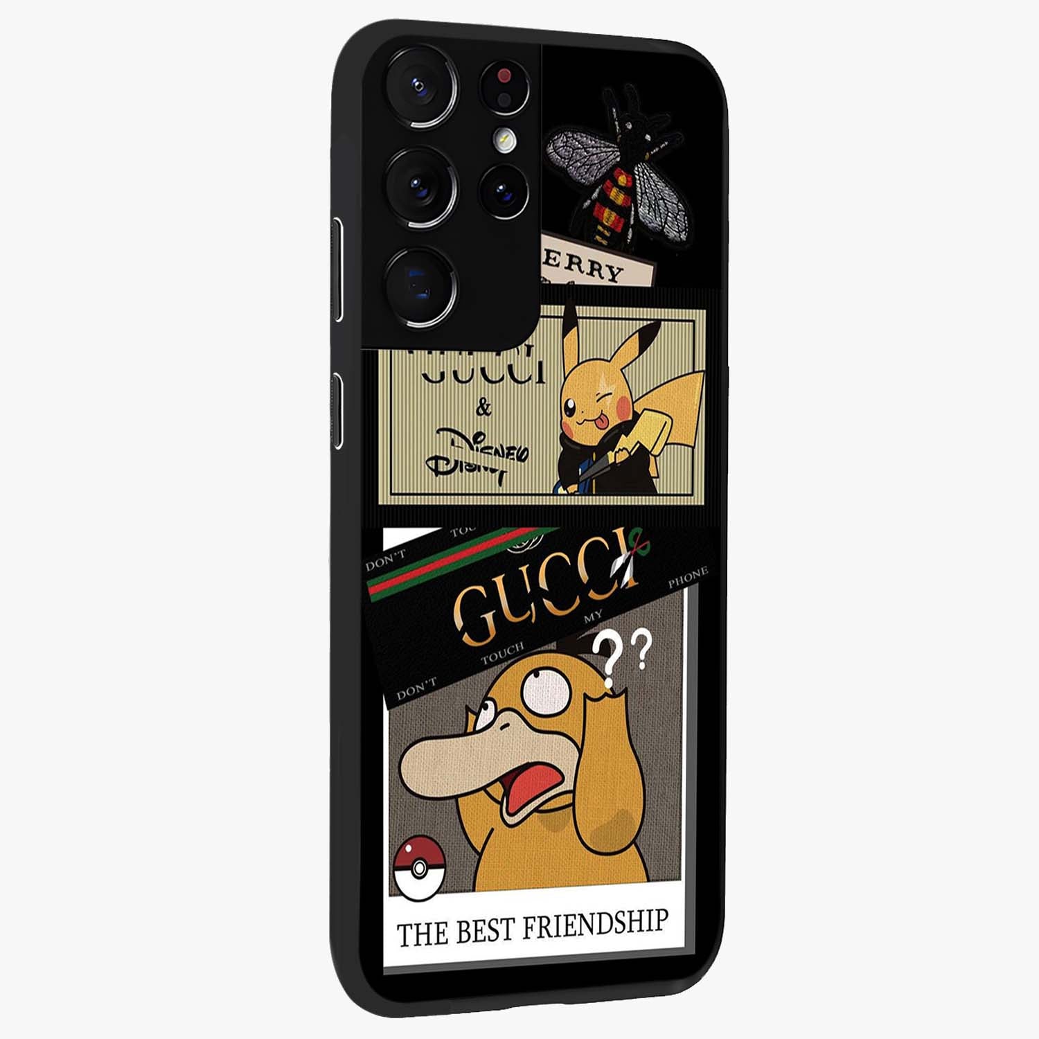 Gucci Play Mashup Glass Case upright view showcasing trendy luxury inspired artwork with modern fashion theme.