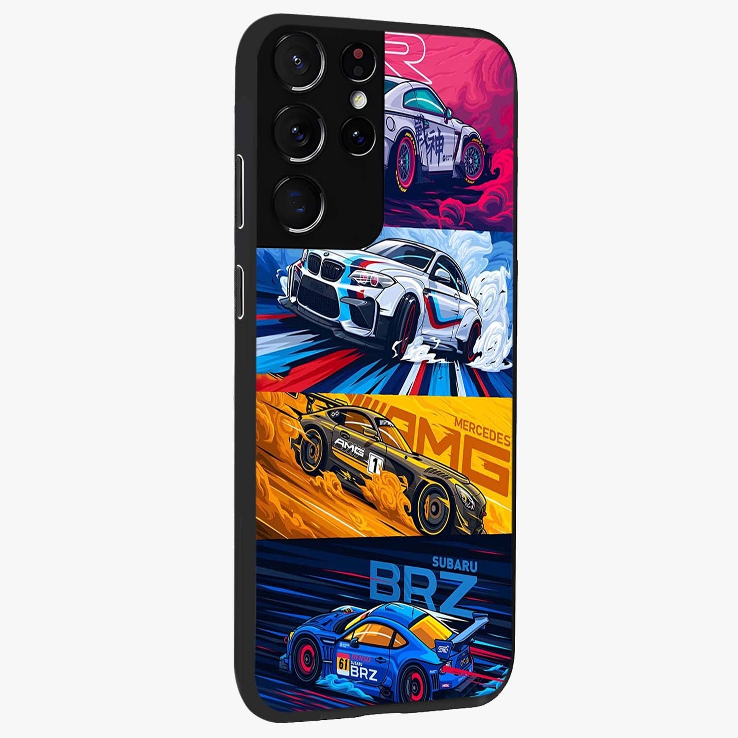 JDM Sports Car Glass Case upright view showcasing dynamic sports car artwork with bold racing theme.