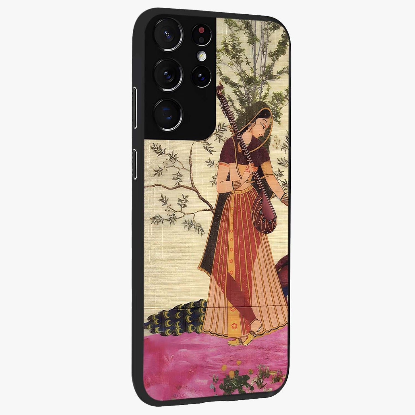 Lady With Veena Art Glass Case upright view showcasing classical veena artwork with traditional artistic theme.