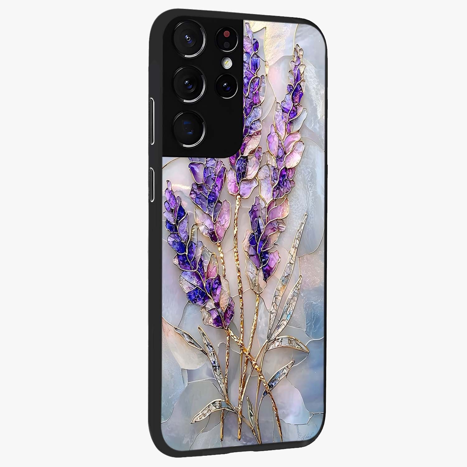 Lavender Dream Glow Glass Case upright view showcasing radiant lavender glow artwork with calming dreamy theme.