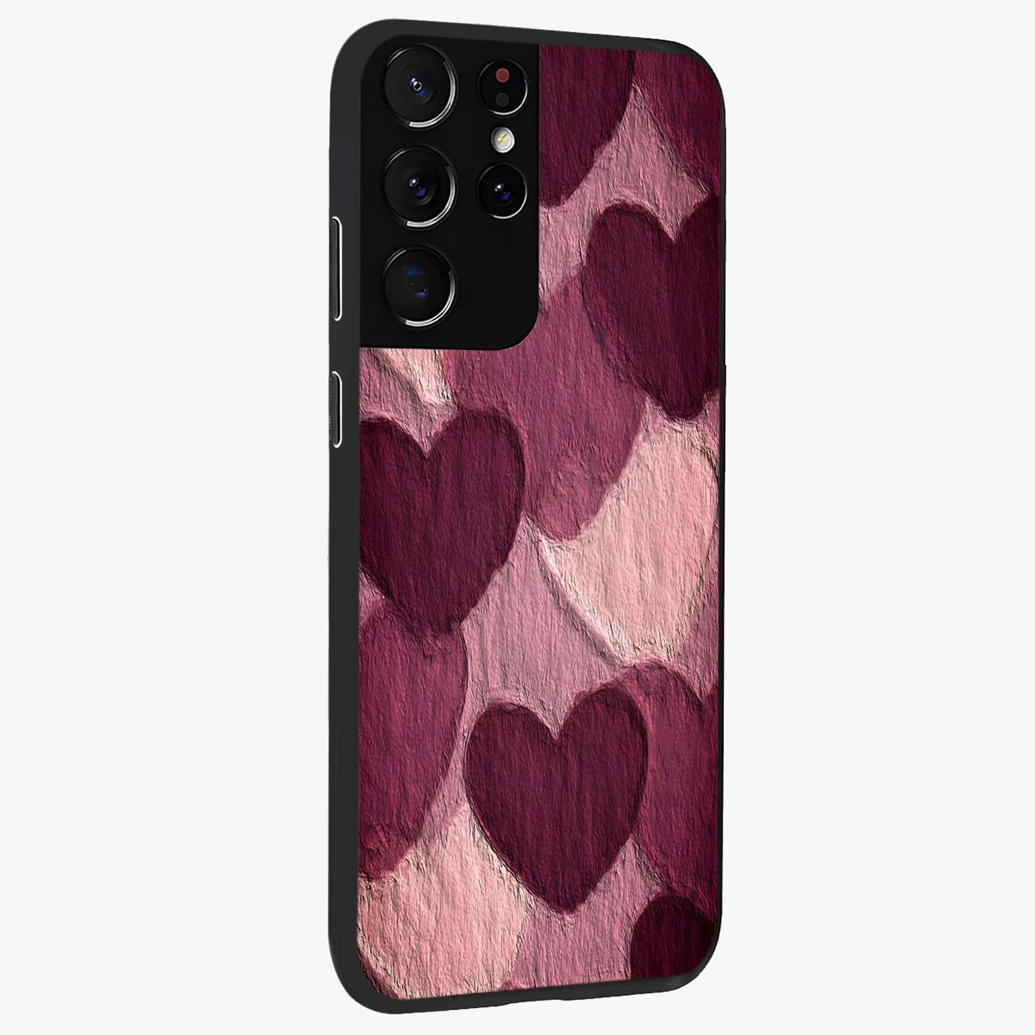 Layered Paper Hearts Glass Case upright view showcasing decorative layered heart artwork with sweet love theme.