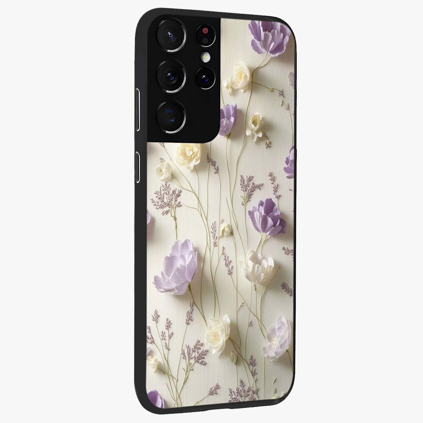 Lilac Breeze Harmony Glass Case upright view showcasing delicate lilac artwork with peaceful floral theme.