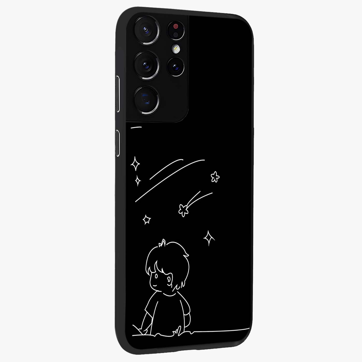 Line Art Boy With Shooting Stars Glass Case upright view showcasing artistic shooting star illustration with minimal style.