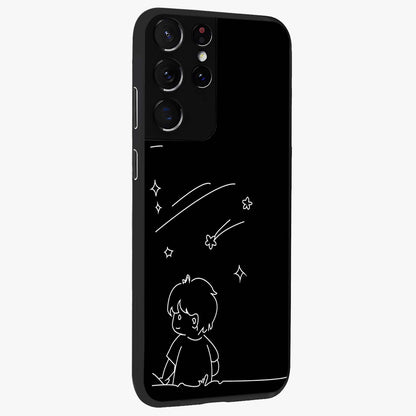 Line Art Boy With Shooting Stars Glass Case upright view showcasing artistic shooting star illustration with minimal style.