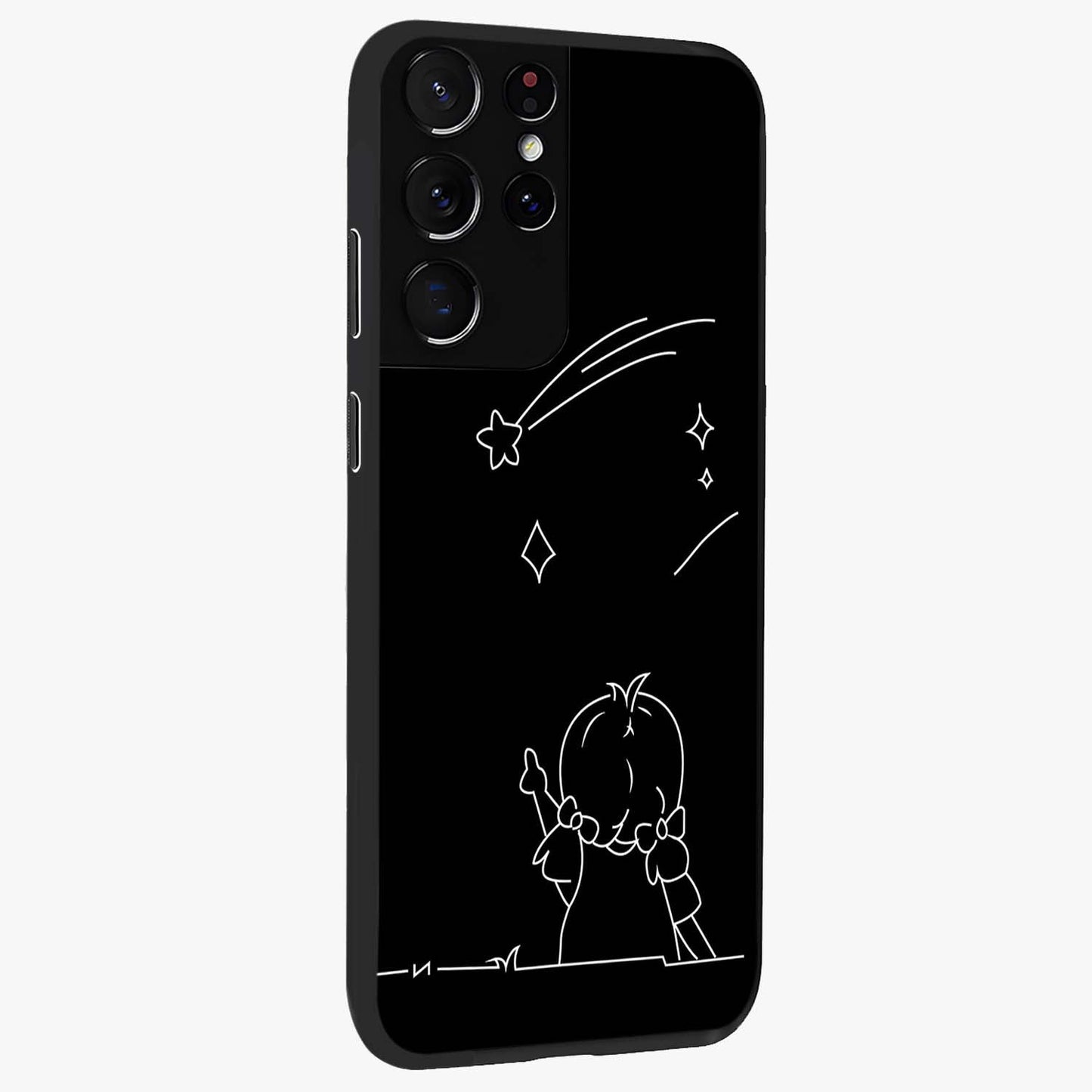 Line Art Girl With Shooting Stars Glass Case upright view showcasing delicate shooting stars artwork with minimal artistic theme.
