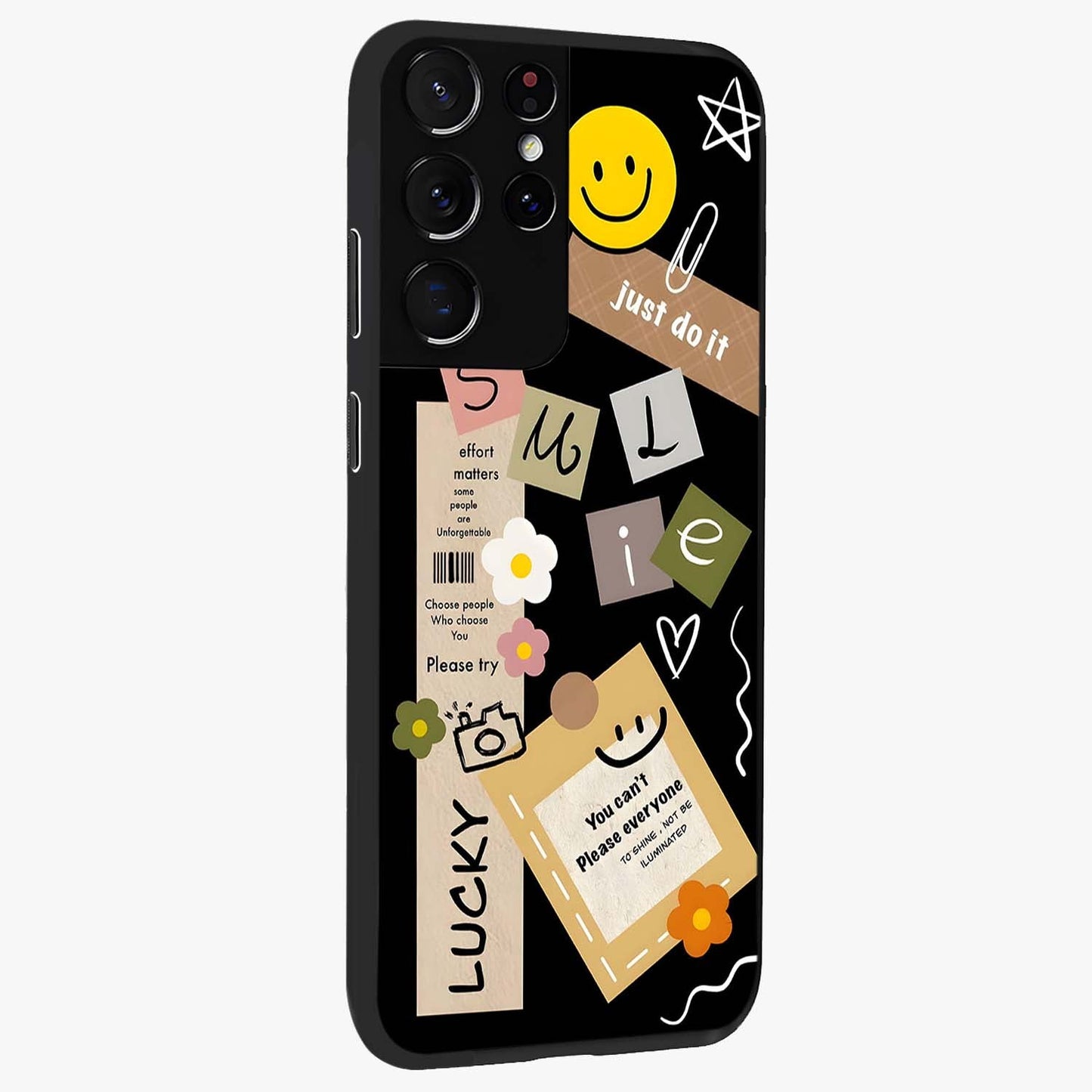 Lucky Aesthetic Collage Glass Case upright view showcasing vibrant collage artwork with youthful aesthetic theme.
