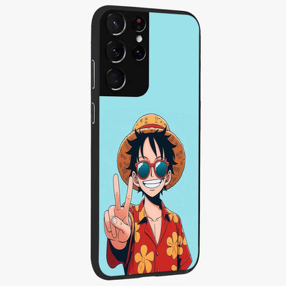 Luffy Summer Anime Vibe Glass Case upright view showcasing dynamic anime artwork with bright adventurous theme.