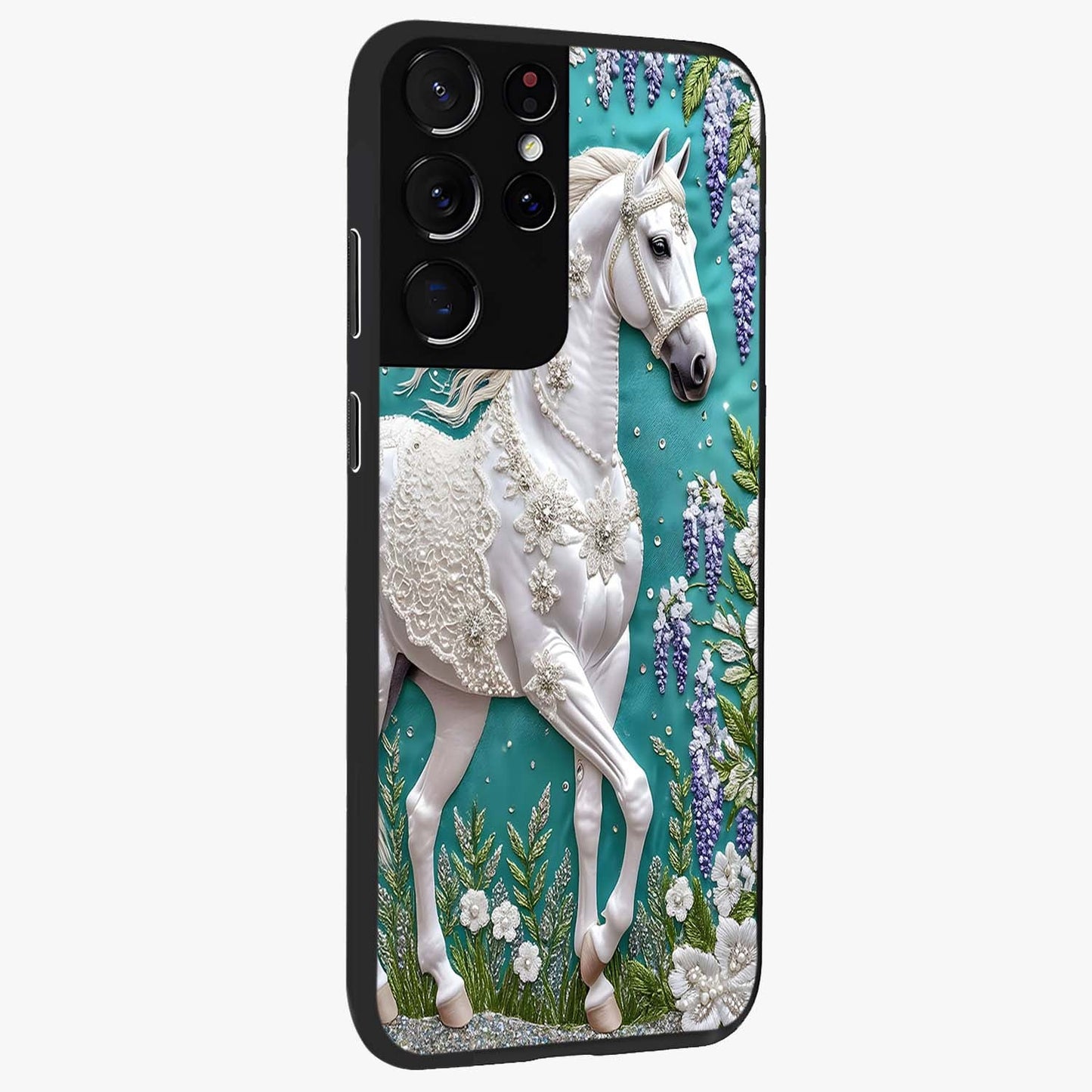 Majestic Floral Stallion Glass Case upright view showcasing dramatic horse artwork with decorative floral theme.