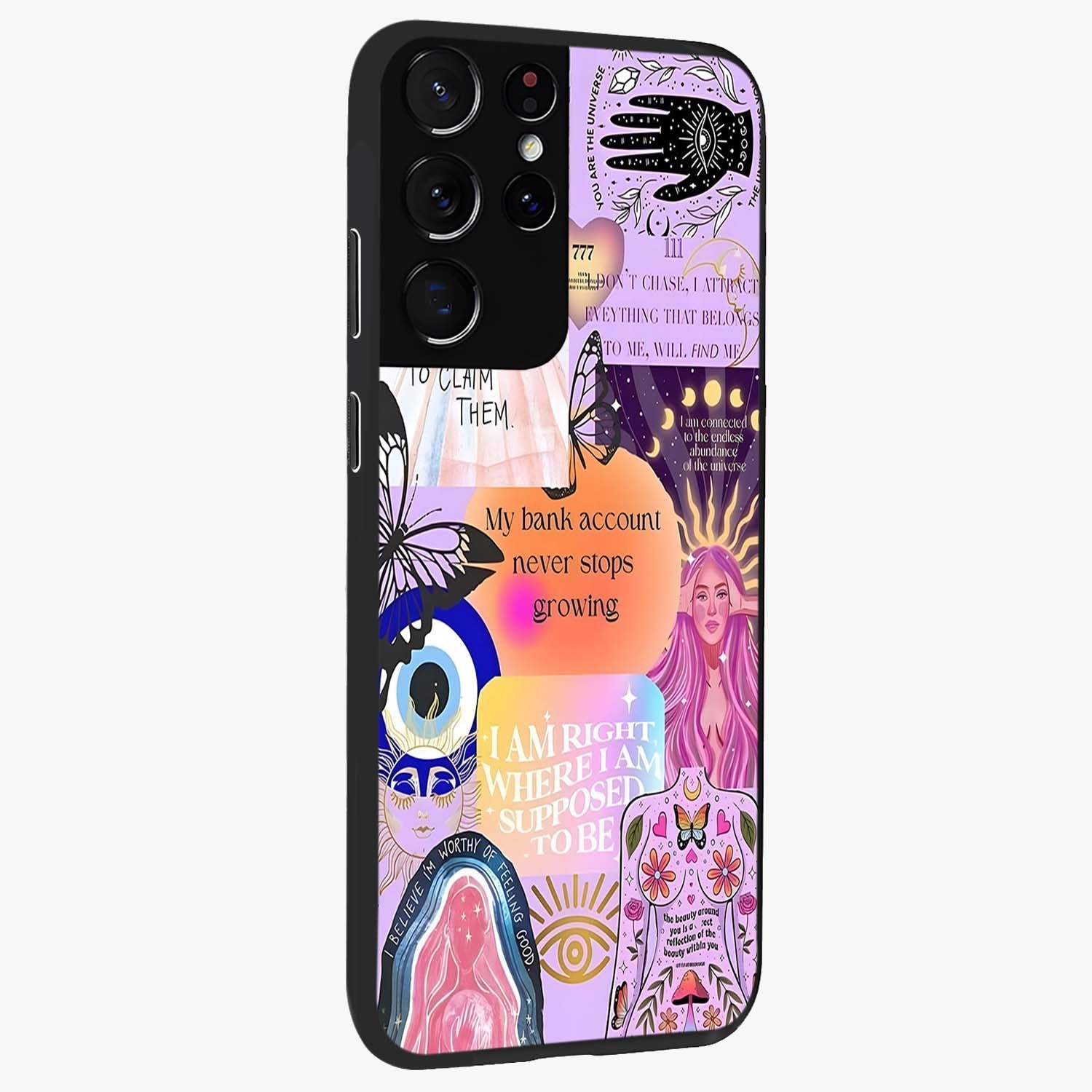 Manifestation Collage Glass Case upright view showcasing artistic manifestation themed artwork with creative style.