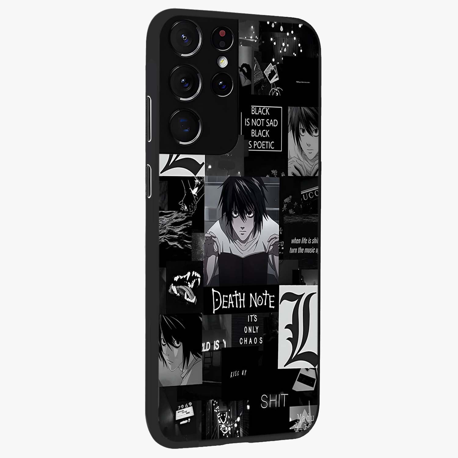 Midnight Chaos Mind Glass Case upright view showcasing expressive abstract artwork with bold dark theme.