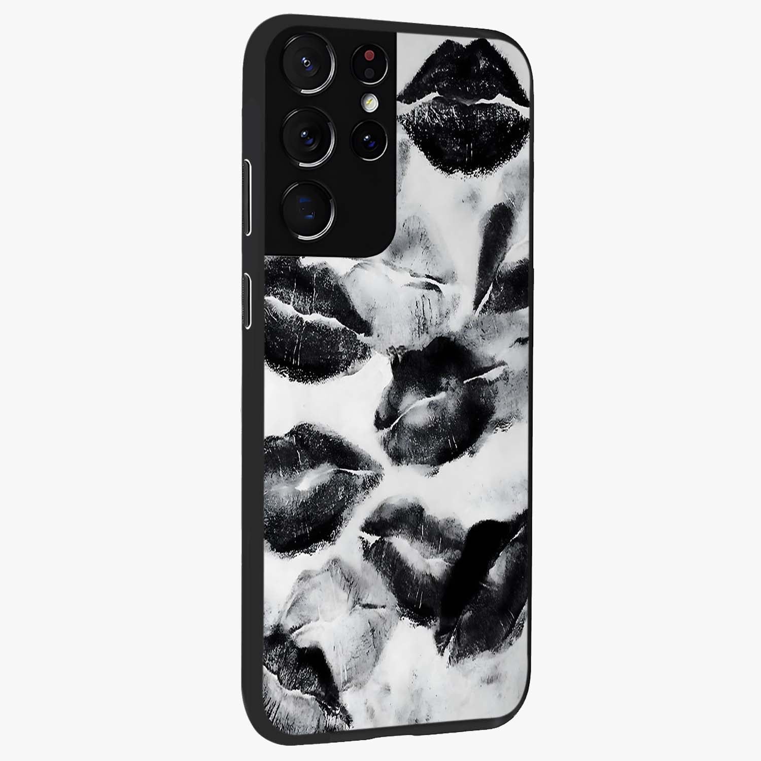 Midnight Kiss Marks Glass Case upright view showcasing stylish kiss mark artwork with trendy romantic theme.