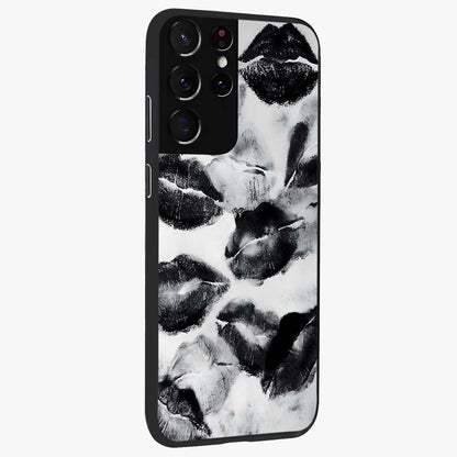 Midnight Kiss Marks Glass Case upright view showcasing stylish kiss mark artwork with trendy romantic theme.