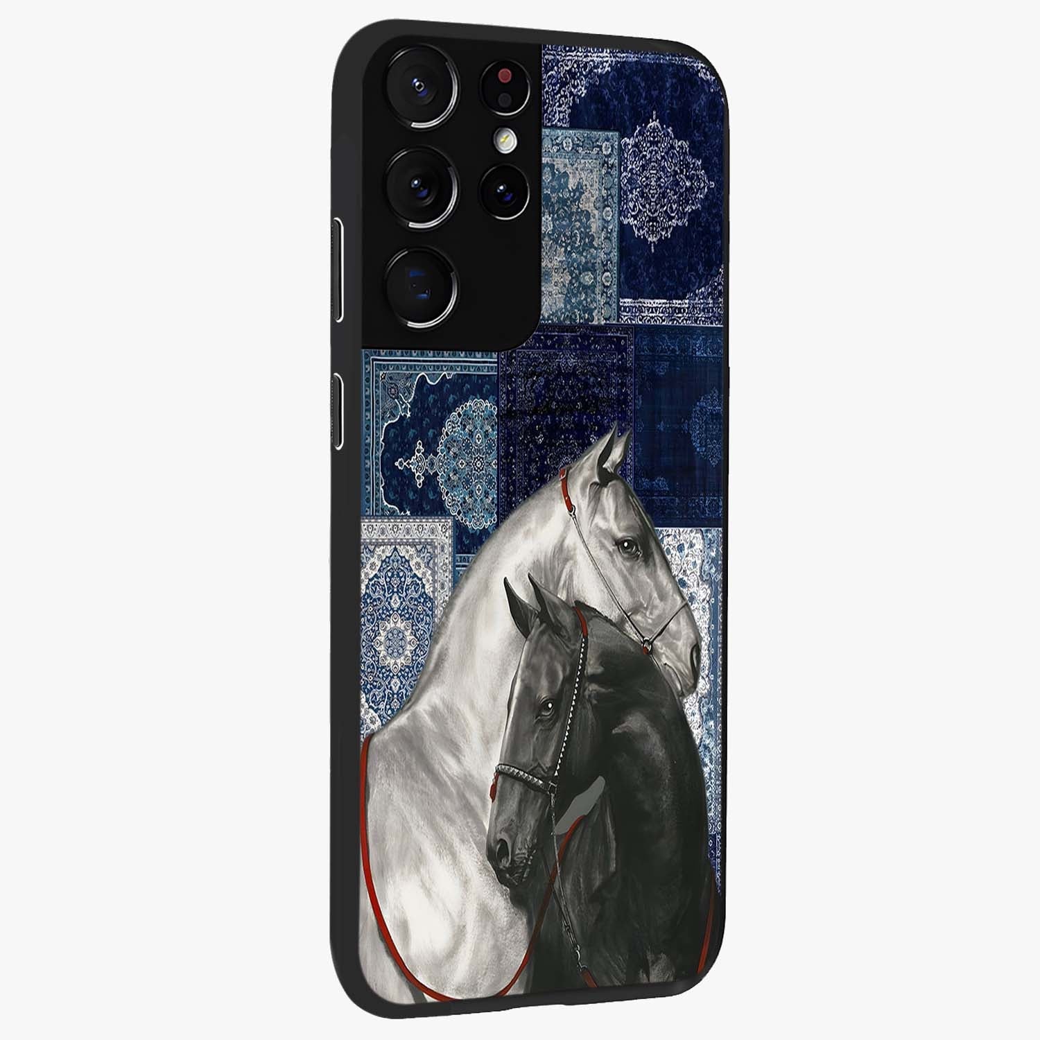 Midnight Stallion Blues Glass Case upright view showcasing dramatic horse artwork with bold artistic theme.