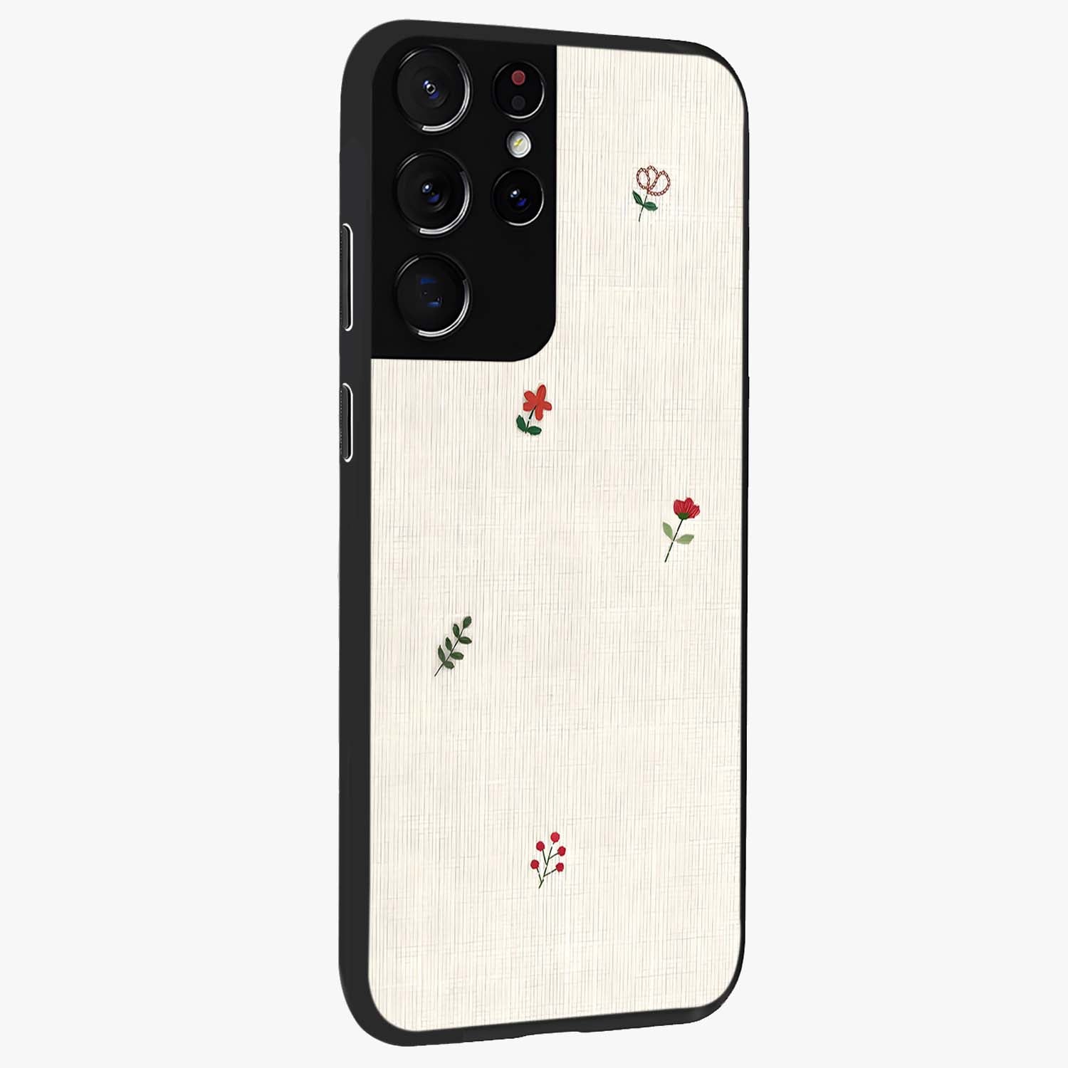 Minimalistic Blue With White Flower Pattern Glass Case upright view showcasing clean white flower artwork with calming blue theme.